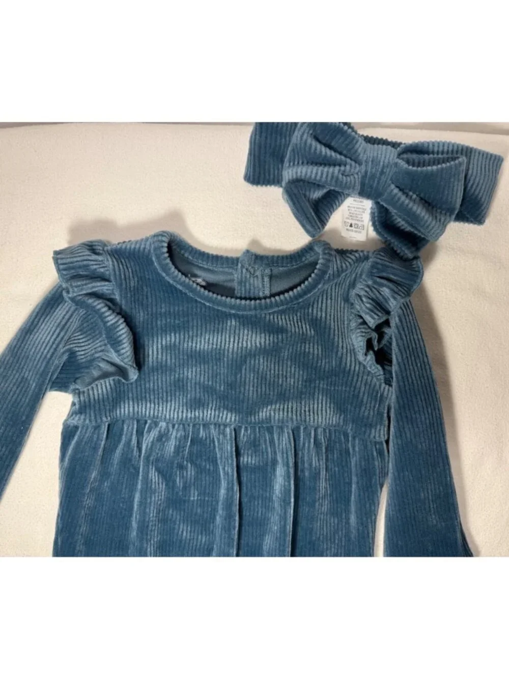 NAVY Blue Velour ribbed sleeper romper Headband bow SET 6-9m NWOT footie ruffle